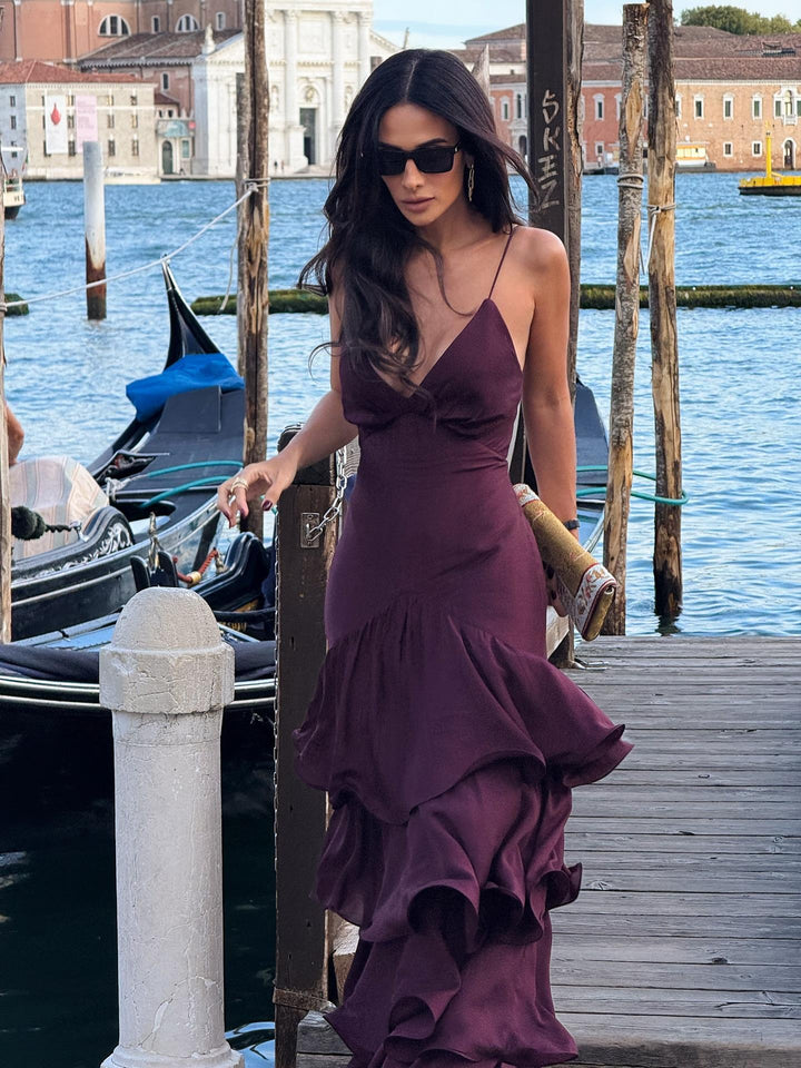 Elmira Burgundy Tiered Maxi Dress