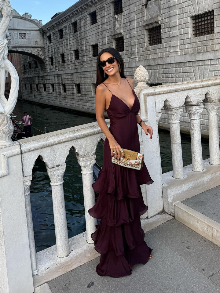Elmira Burgundy Tiered Maxi Dress