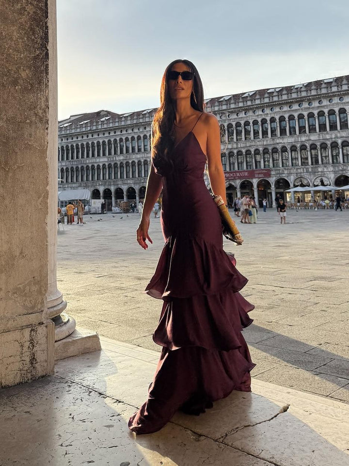 Elmira Burgundy Tiered Maxi Dress